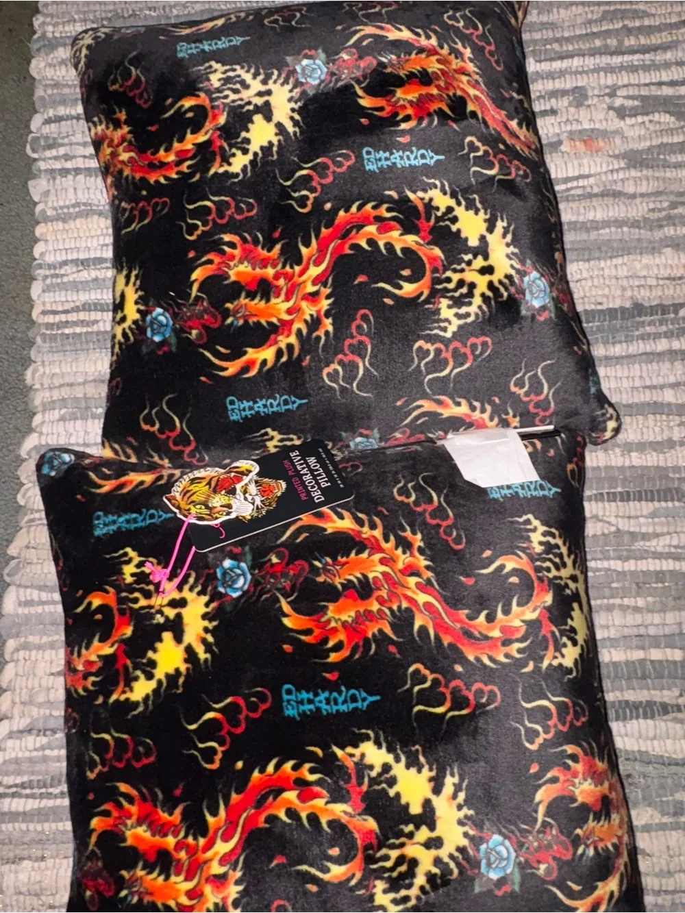 2 Printed Plush Decorative Pillow - Black with Red & Yellow phoenix Flame